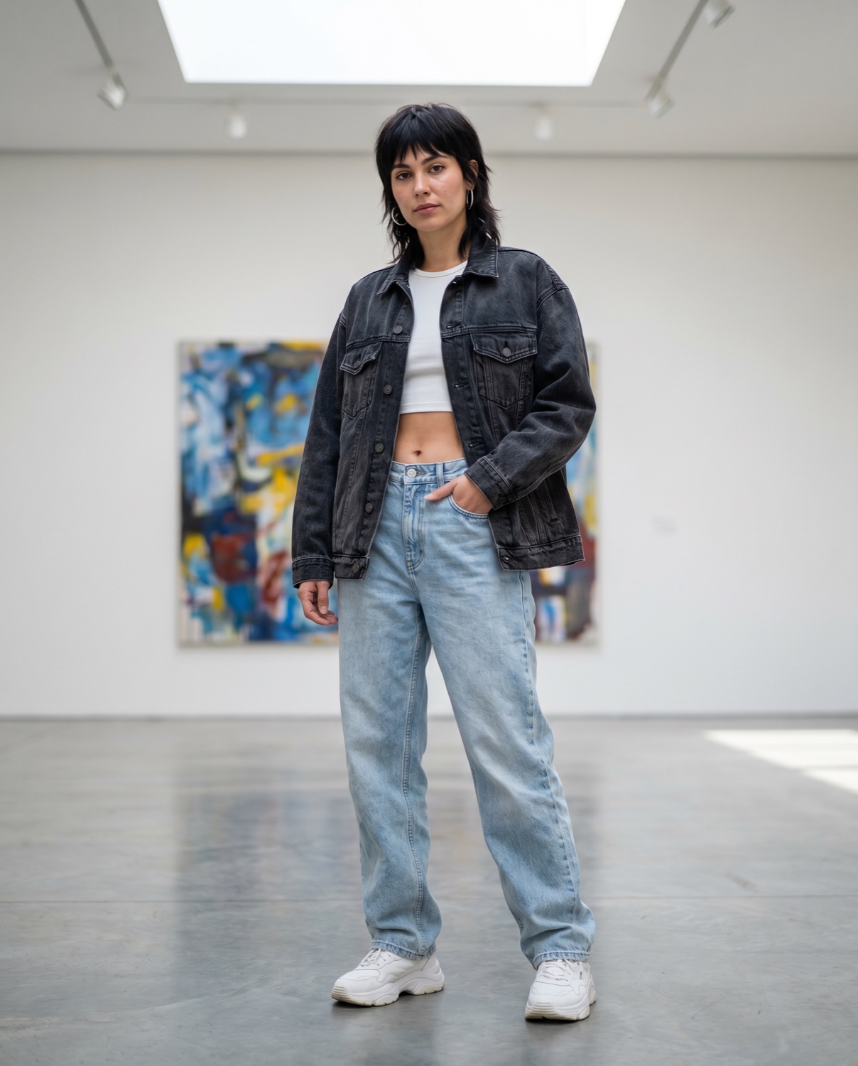 Serie de prendas con estética coherente en escena de galería para un lookbook de colección